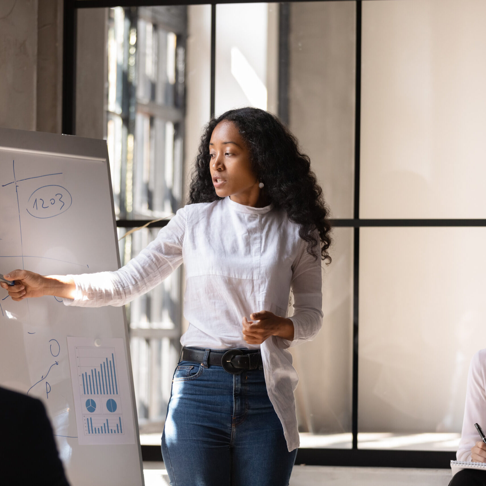 Young,African,American,Female,Coach,Or,Speaker,Make,Whiteboard,Presentation